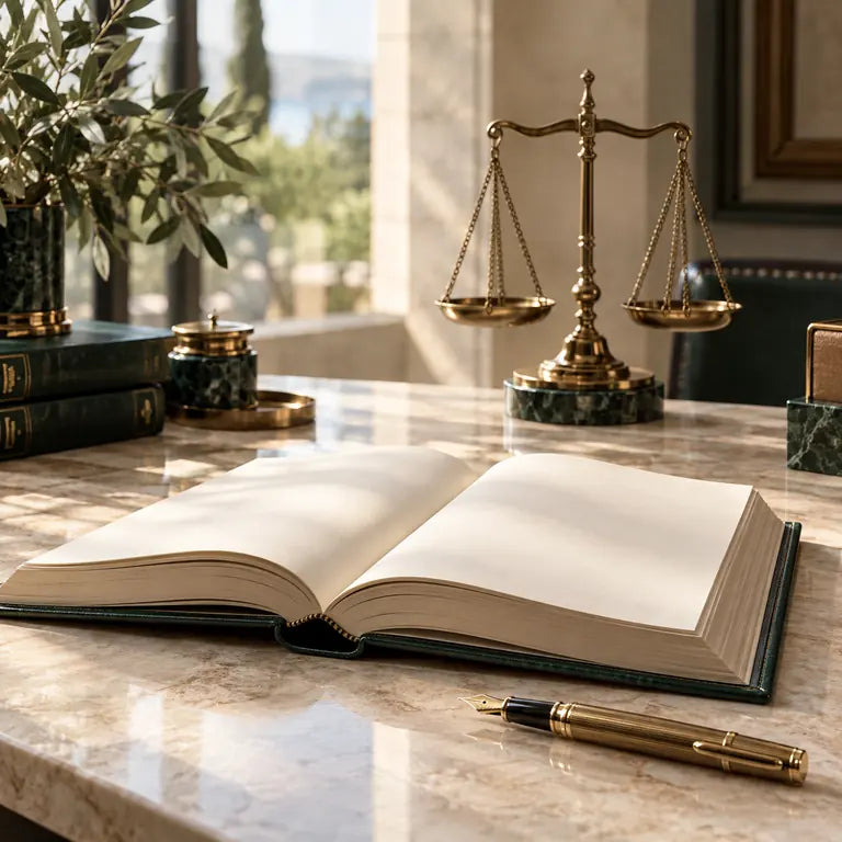 Hukuk kitabı, dolma kalem ve adalet terazisi